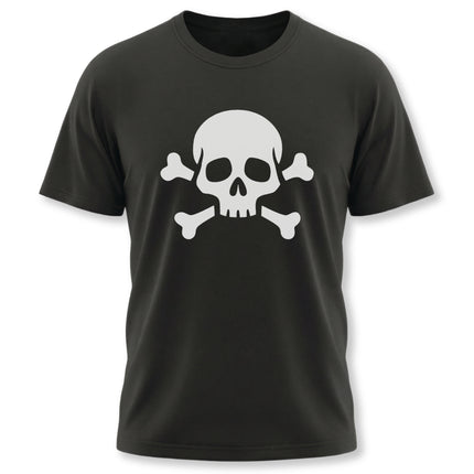 Black t-shirt featuring a white skull and crossbones graphic.