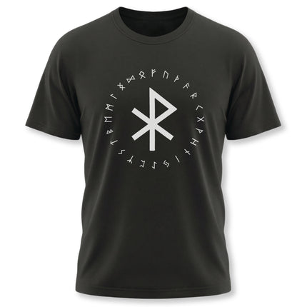 Norse rune t-shirt featuring the Peace Bind symbol and the Elder Futhark alphabet.