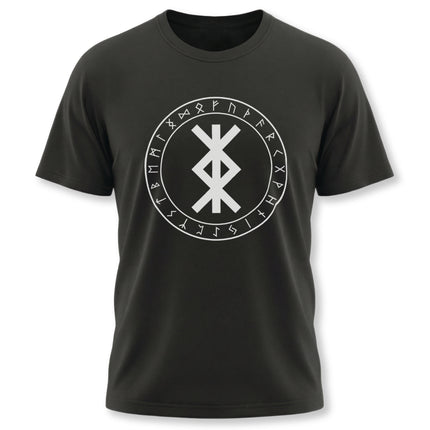 Viking bind rune t-shirt featuring a protection sigil and Elder Futhark runes.