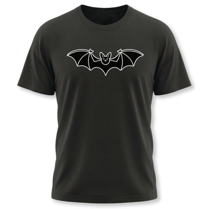 Black t-shirt with a minimalist white bat outline graphic.