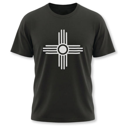 Black t-shirt featuring the white Zia Sun symbol, a Native American cultural graphic tee.