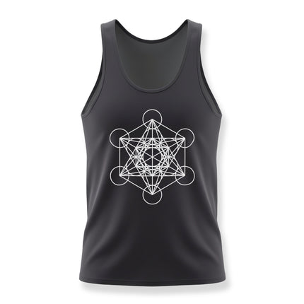 Black tank top featuring white sacred geometry and Metatron's Cube print.