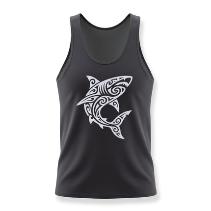 Tribal Maori shark graphic on a black tank top. Polynesian style art.