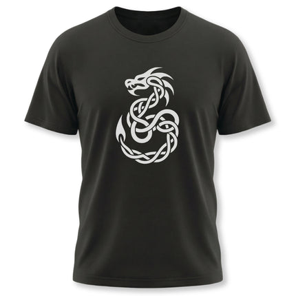 White Celtic dragon knotwork design printed on a black graphic t-shirt.