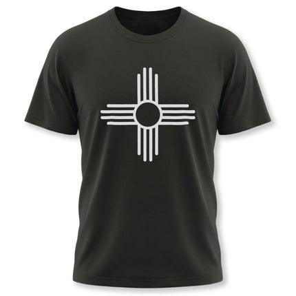 Black t-shirt featuring the white Zia Sun Symbol graphic. Native American cultural design.