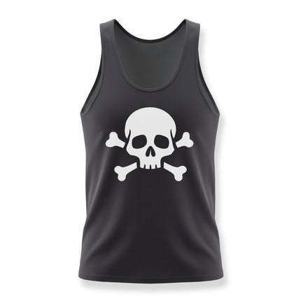 Black tank top featuring a white skull and crossbones pirate graphic.