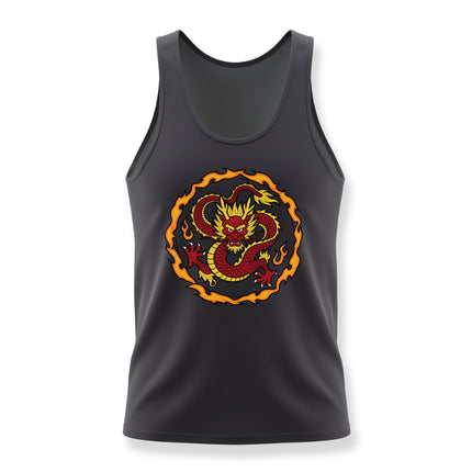 Fiery red Chinese dragon graphic design on a black tank top. Mythical beast art.