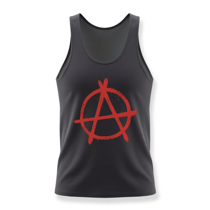 Red anarchy symbol on a black punk-style tank top.