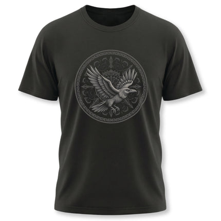 Raven graphic t-shirt featuring Norse and Celtic knotwork design.