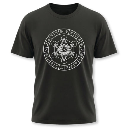 Sacred geometry t-shirt featuring Metatron's Cube and universal esoteric symbols.