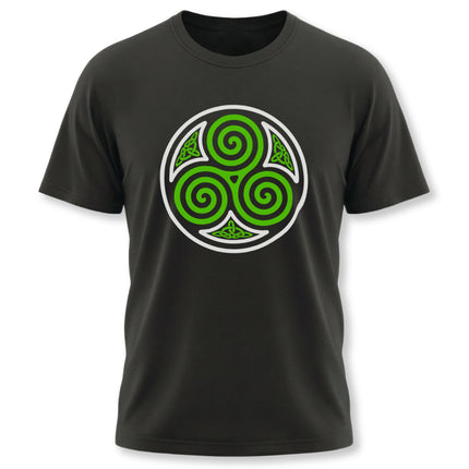 Black t-shirt featuring a green Celtic triskelion triple spiral symbol graphic.