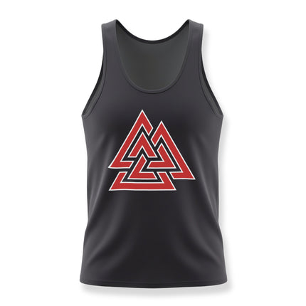 Black Valknut Norse mythology tank top with red Viking symbol design.