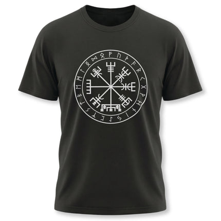 Norse Vegvisir runic compass graphic tee on a black t-shirt.