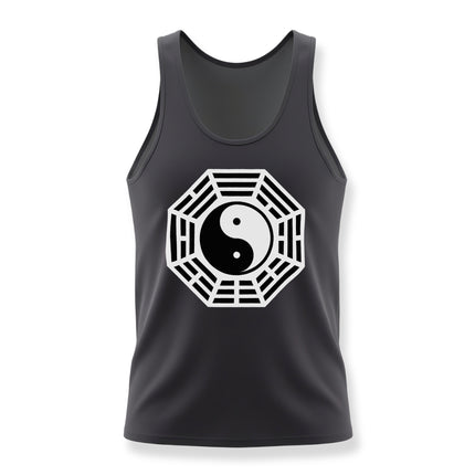 Geometric Yin Yang Taijitu symbol representing balance and harmony on a black tank top.