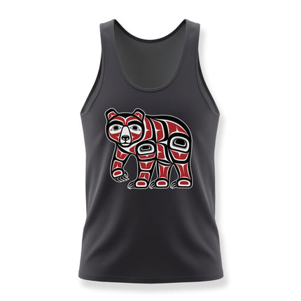Formline art bear graphic in red and black on a black tank top. Northwest Coast tribal style.