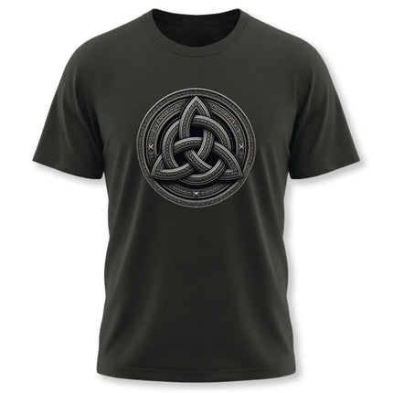 Black t-shirt featuring a detailed Celtic Triquetra knot symbol graphic.