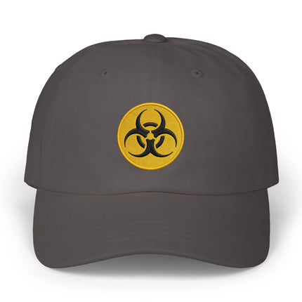 Gray dad cap featuring a yellow and black embroidered biohazard warning symbol.