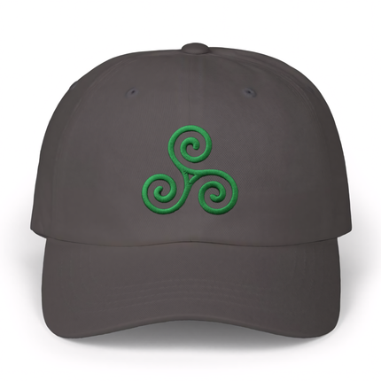 Celtic triskelion embroidered hat on a dark gray baseball cap.