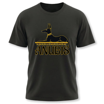 Gold Anubis Egyptian god silhouette graphic on a black t-shirt. Mythology apparel.
