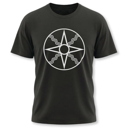 Shamash Mesopotamian sun symbol graphic on black unisex t-shirt.