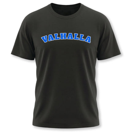 Black t-shirt featuring "VALHALLA" in bold blue collegiate lettering. Norse mythology graphic tee.