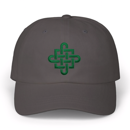 Dark gray baseball cap featuring a green embroidered Celtic knot design.