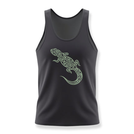 Tribal lizard swirl graphic on a black tank top. Boho reptile art design.
