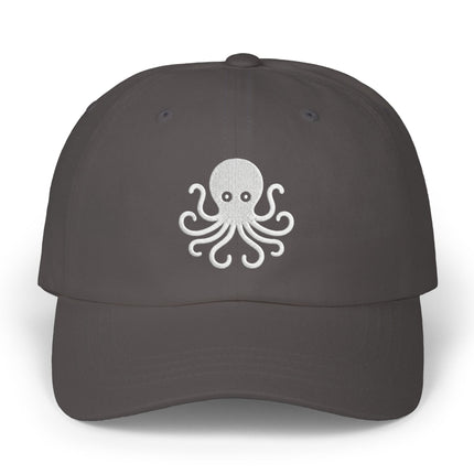 Embroidered octopus baseball cap in charcoal gray. Nautical sea creature design.