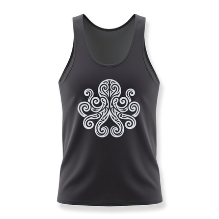 White tribal octopus graphic featuring celtic knot swirls and stylized marine art.