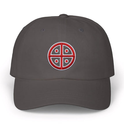 Red solar cross embroidery on a charcoal baseball cap.