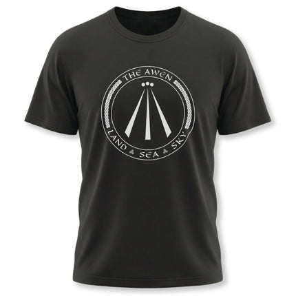 Black t-shirt with white circular Awen symbol and Land Sea Sky text.