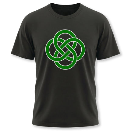 Green Celtic knot symbol on a black t-shirt. Features intricate green knotwork representing eternal Irish symbolism.