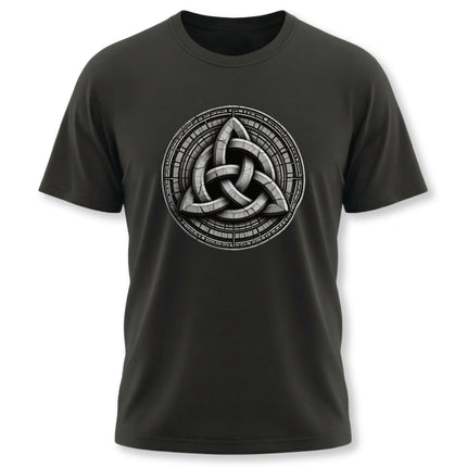 Black t-shirt with a circular Celtic Triquetra knotwork symbol graphic.