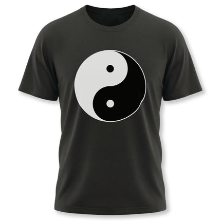 Yin Yang symbol t-shirt graphic featuring black and white design, symbolizing balance and harmony.