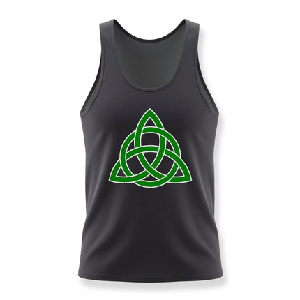 Green Triquetra Celtic knot symbol for Irish design on a black tank top.