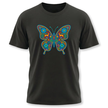 Vibrant Mexican butterfly tee featuring Huichol art, deer, and colorful floral patterns on a black shirt.