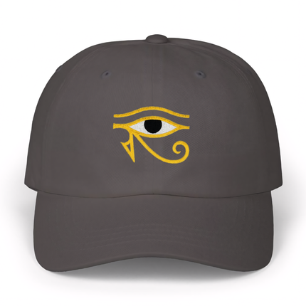 Eye of Horus embroidered dad hat in yellow on a charcoal baseball cap.