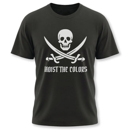 Pirate skull and crossbones graphic tee featuring crossed swords and "Hoist the Colors" text.