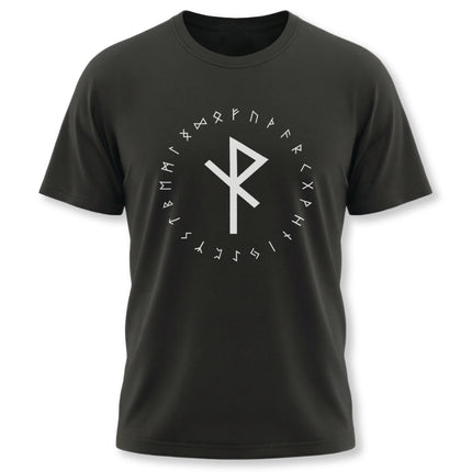 Black t-shirt featuring the Algiz rune and full Elder Futhark runes for Norse protection symbolism.