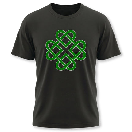 Green Celtic knot clover symbol graphic tee on a black shirt.