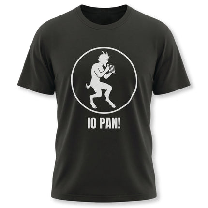 IO PAN! Satyr silhouette graphic on black tee, depicting Pan playing a flute. Greek mythology apparel.