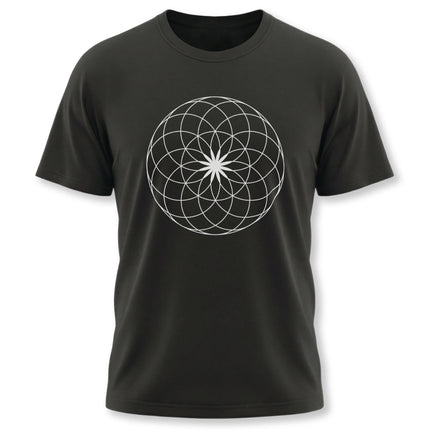 Sacred geometry flower of life print on a black unisex t-shirt.