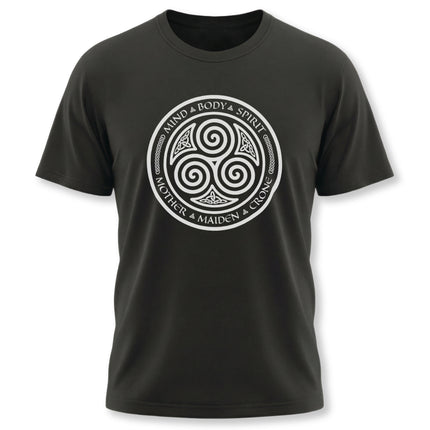 Celtic triskelion t-shirt with Mind Body Spirit and Mother Maiden Crone spiral symbol.