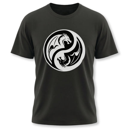 Black tee featuring a white Yin Yang dragon symbol. Represents harmony, power, and balance in East Asian culture.