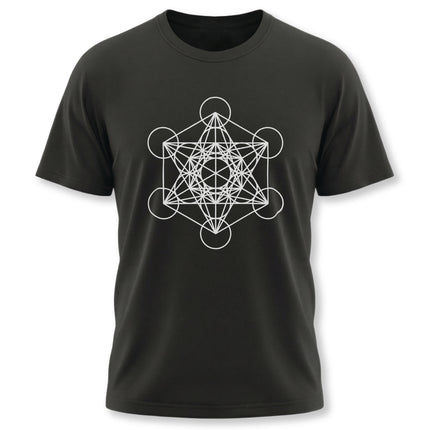 Metatron's Cube sacred geometry line art graphic on a black t-shirt.