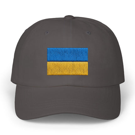 Black cap featuring embroidered Ukrainian flag blue and yellow.