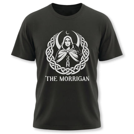Celtic Goddess Morrigan t-shirt graphic with knotwork, raven, and moon symbols.