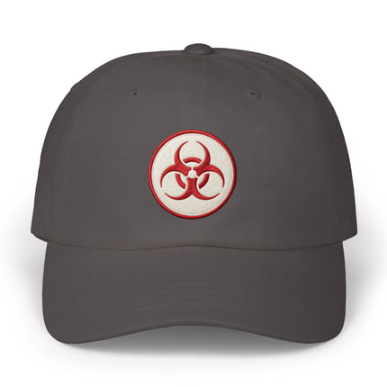 Dark gray baseball cap featuring a red embroidered biohazard symbol.