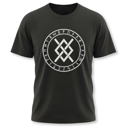 Black Norse t-shirt featuring a rune circle and stylized Gungnir spear knot symbol.