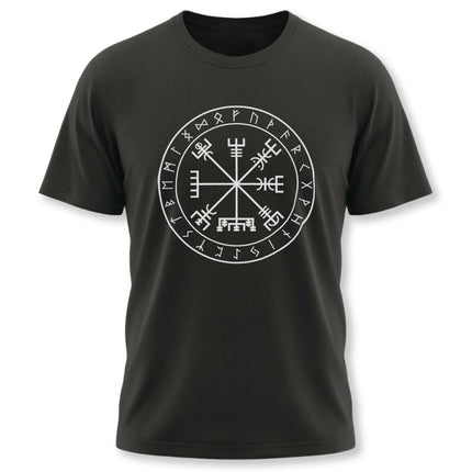 Norse Vegvisir Viking compass graphic tee with runes on a black t-shirt.